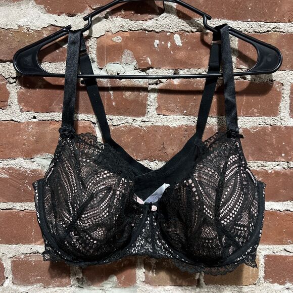 Cacique Bra Lightly Lined French Balconette 40DDD Black Lace Sexy Underwire - Picture 1 of 4